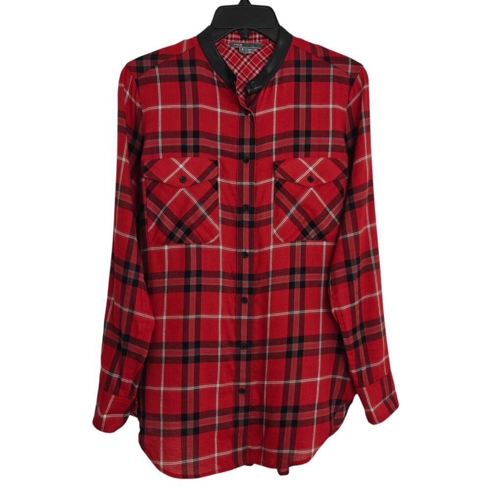 Vince Plaid Button Front Shirt Lamb Leather Collar Size 6 Red Black Long Sleeves - Picture 2 of 11
